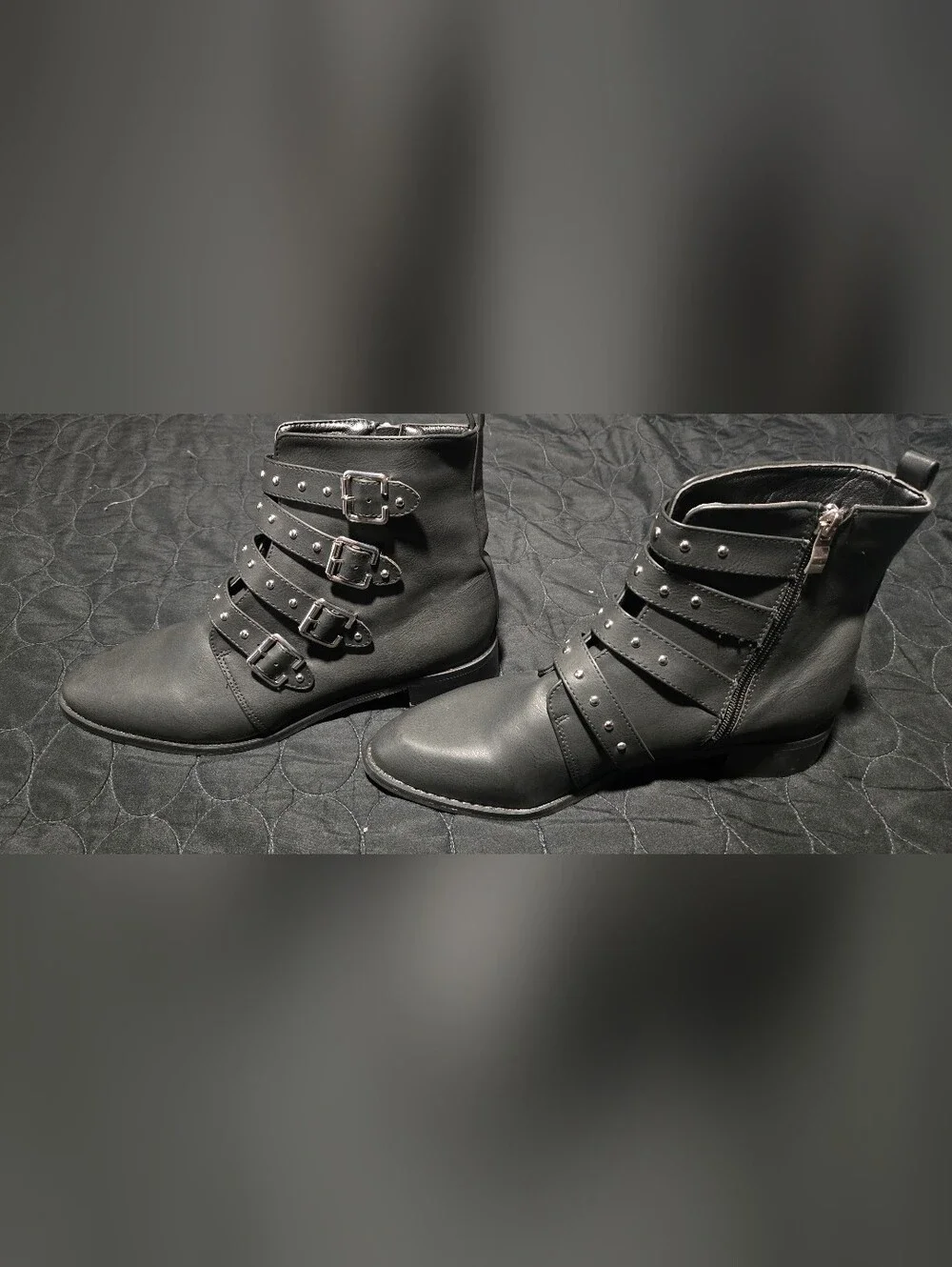 Black Studded Buckle Ankle Boots - Women's